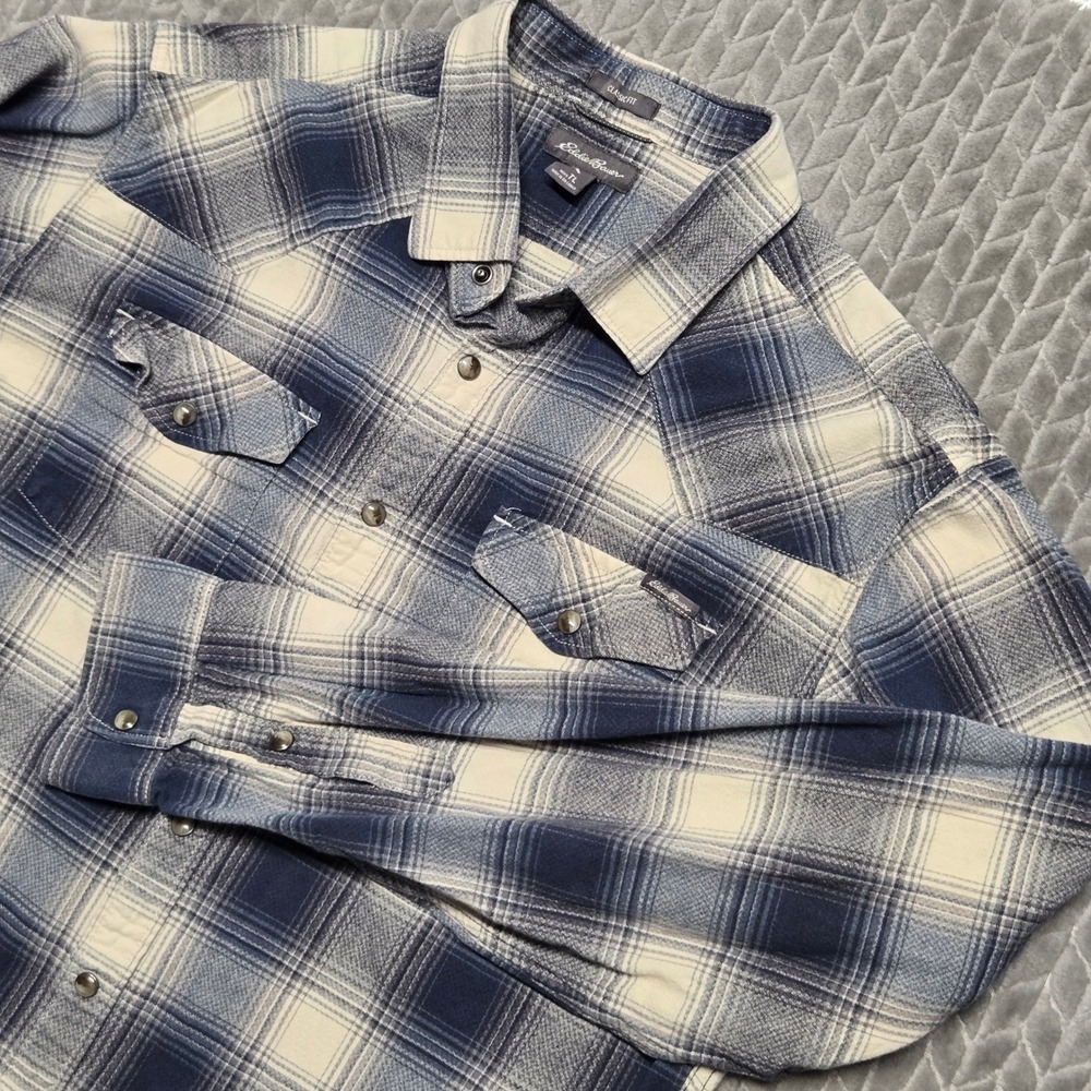 Eddie Bauer Mens TL Blue Plaid Midweight Flannel Western Snap Shirt Classic Fit